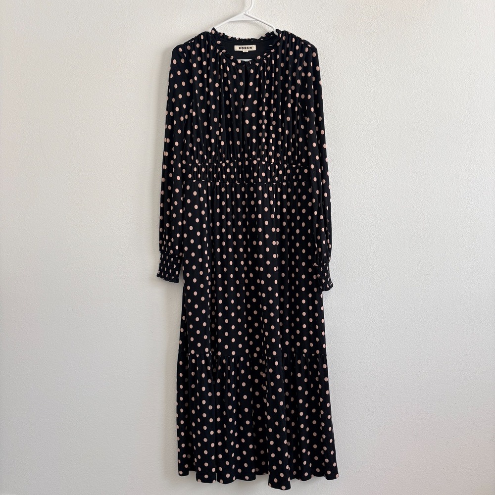 Boden Maxi Dress Polka Dot Women 10L Black Tiered Knit Modest Stretch Mock Neck